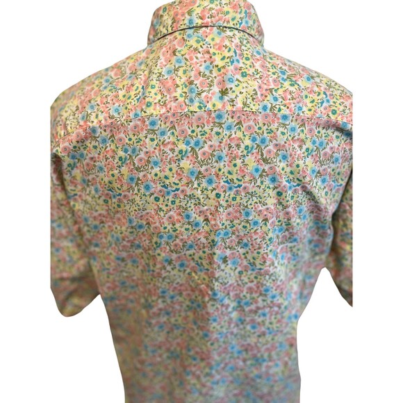 Vintage 90s Shirt Button Up Collar Short Sleeve Floral Yellow Pink Blue Cotton M - Picture 14 of 16